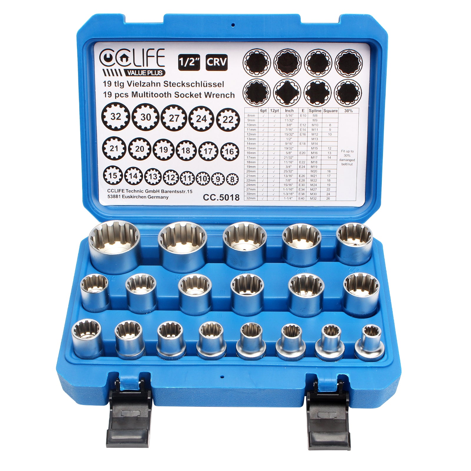 12 point Gear Lock Spline Socket Wrench Set 1/2 8-32 Multi-tooth 19 pieces